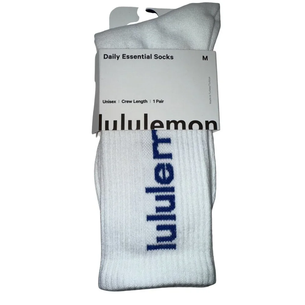 Lululemon Daily Stride Ribbed Crew Socks White Blue Spellout Medium NEW Athletic